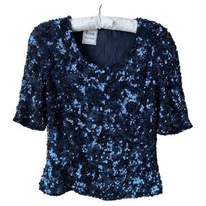 Blue Sequin Top Short Sleeve Blue Sequins Bead Trim  Vintage Size 12 (UK 10)